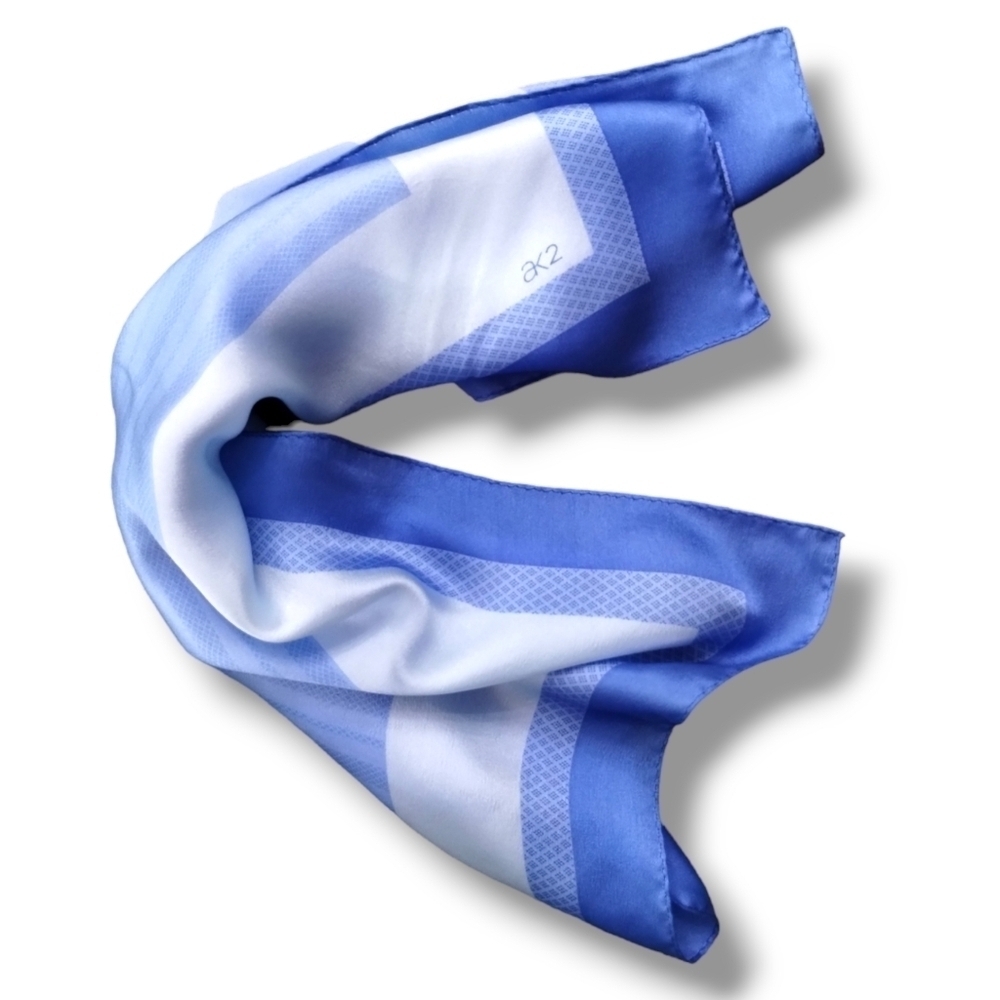 1990s Designer Anne Klein Satin Silk Blue Square Scarf